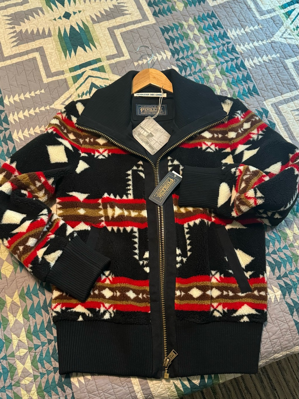 Pendleton Black Fleece Bomber Jacket with Red, Cream Native Pattern